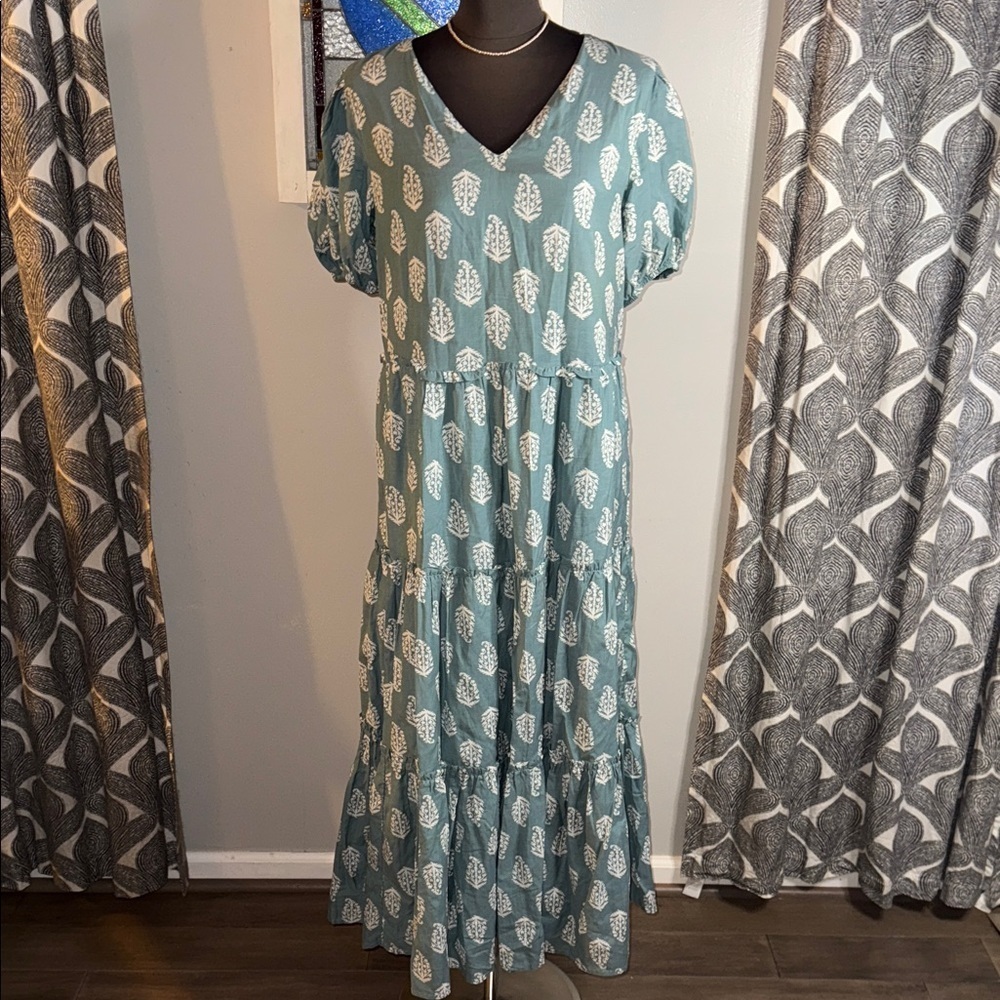 Lucky Brand Block Print Puff Sleeve Tiered Maxi Dress SZ Medium - Picture 2 of 10